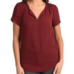 DR2 by Daniel Rainn Ruched Short Sleeve Blouse in Garnet